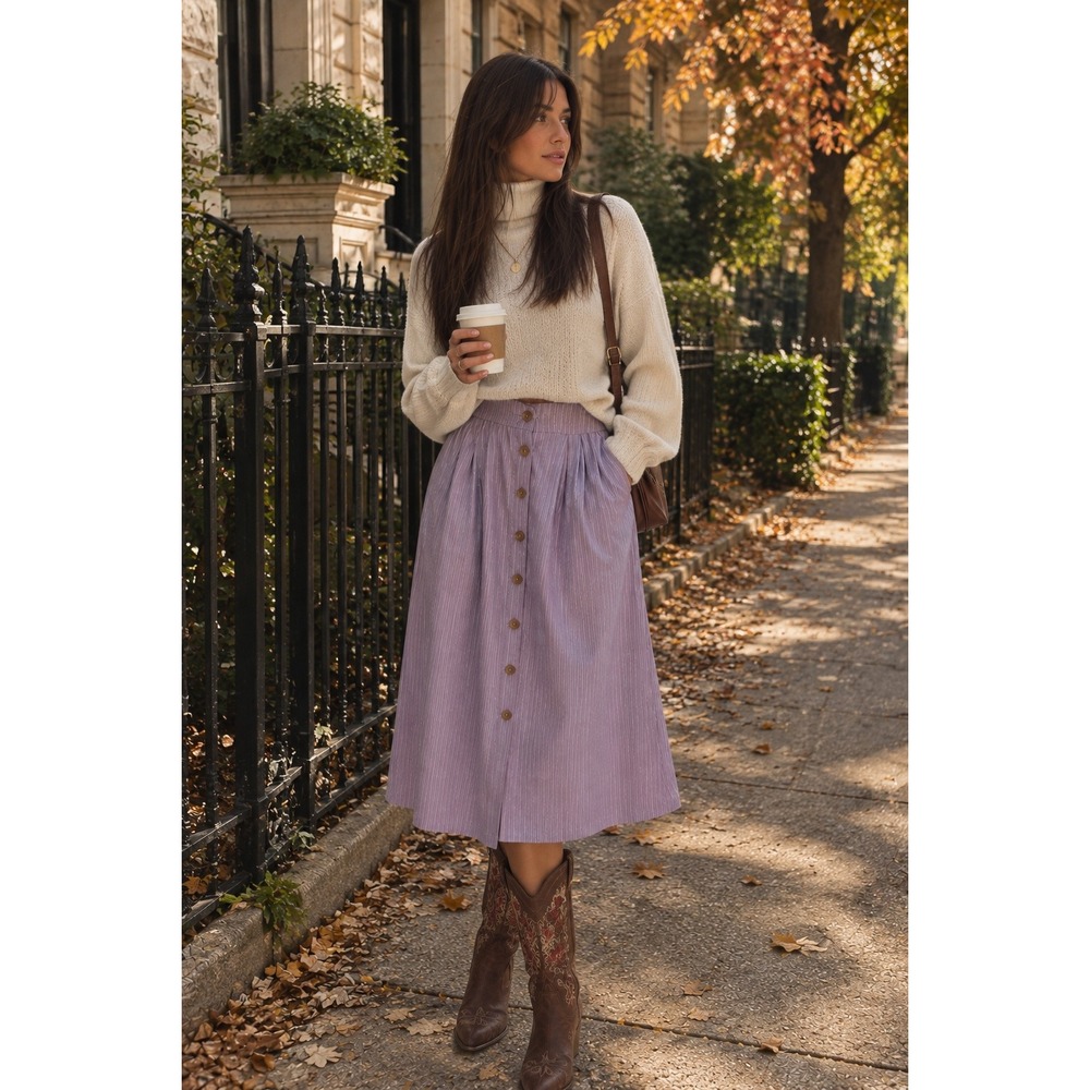 Madewell Purple Striped Button Front Midi Skirt with Pockets Size 4